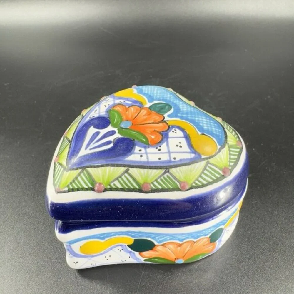 Mexico‎ Talavera Pottery Heart Shaped Trinket Dish Container Jewelry Holder VTG